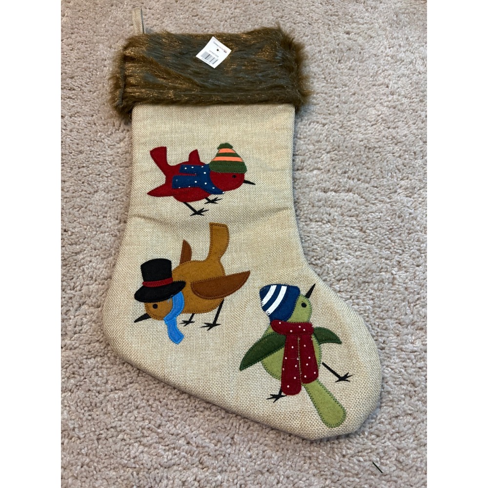 Holiday Burlap Christmas Stocking Adorable Birds w Hats Scarves Faux Fur Trim